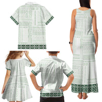 Samoa Siapo Green Trimmed Family Matching Tank Maxi Dress and Hawaiian Shirt Samoa White Sunday - Polynesian Pride