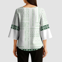 Samoa Siapo Green Trimmed Kimono Sleeve Blouse Samoa White Sunday - Polynesian Pride