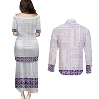 Samoa Siapo Purple Trimmed Couples Matching Puletasi and Long Sleeve Button Shirt Samoa White Sunday - Polynesian Pride