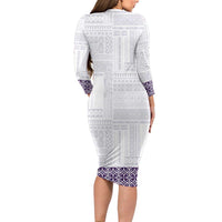 Samoa Siapo Purple Trimmed Family Matching Long Sleeve Bodycon Dress and Hawaiian Shirt Samoa White Sunday - Polynesian Pride