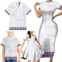 Samoa Siapo Purple Trimmed Family Matching Short Sleeve Bodycon Dress and Hawaiian Shirt Samoa White Sunday - Polynesian Pride