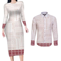 Samoa Siapo Red Trimmed Couples Matching Long Sleeve Bodycon Dress and Long Sleeve Button Shirt Samoa White Sunday - Polynesian Pride
