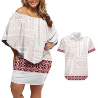 Samoa Siapo Red Trimmed Couples Matching Off Shoulder Short Dress and Hawaiian Shirt Samoa White Sunday - Polynesian Pride