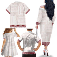 Samoa Siapo Red Trimmed Family Matching Off The Shoulder Long Sleeve Dress and Hawaiian Shirt Samoa White Sunday - Polynesian Pride