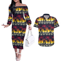 Hawaii Hibiscus Palm Tree Sunset Couples Matching Off The Shoulder Long Sleeve Dress and Hawaiian Shirt Tropical Style - Polynesian Pride