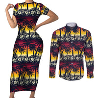 Hawaii Hibiscus Palm Tree Sunset Couples Matching Short Sleeve Bodycon Dress and Long Sleeve Button Shirt Tropical Style - Polynesian Pride