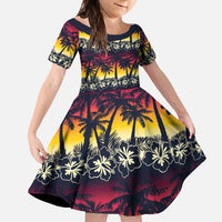 Hawaii Hibiscus Palm Tree Sunset Family Matching Short Sleeve Bodycon Dress and Hawaiian Shirt Tropical Style - Polynesian Pride