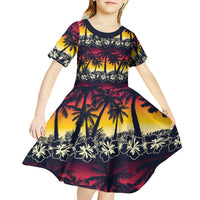 Hawaii Hibiscus Palm Tree Sunset Kid Short Sleeve Dress Tropical Style - Polynesian Pride