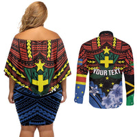 Personalised Vanuatu Tafea Province Couples Matching Off Shoulder Short Dress and Long Sleeve Button Shirt Unique Tropical Tribal Pattern
