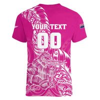 Custom New Zealand Rugby Silver Fern Women V-Neck T-Shirt Aotearoa Kiwi Maori Pink Version - Polynesian Pride