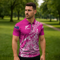 Custom New Zealand Rugby Silver Fern Zipper Polo Shirt Aotearoa Kiwi Maori Pink Version - Polynesian Pride
