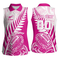 Custom New Zealand Rugby Silver Fern Women Sleeveless Polo Shirt Aotearoa Maori Pink Version - Polynesian Pride