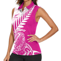 Custom New Zealand Rugby Silver Fern Women Sleeveless Polo Shirt Aotearoa Maori Pink Version - Polynesian Pride