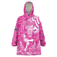 New Zealand Silver Fern Rugby All Pink Wearable Blanket Hoodie Maori Tiki Player With Ta Moko Tribal - Polynesian Pride