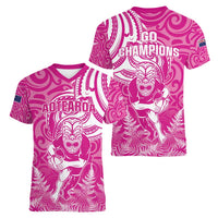 New Zealand Silver Fern Rugby All Pink Women V-Neck T-Shirt Maori Tiki Player With Ta Moko Tribal - Polynesian Pride