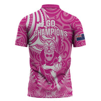 New Zealand Silver Fern Rugby All Pink Zipper Polo Shirt Maori Tiki Player With Ta Moko Tribal LT01 - Polynesian Pride