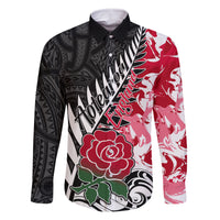 Custom New Zealand and England Rugby Family Matching Long Sleeve Bodycon Dress and Hawaiian Shirt Silver Fern With Red Rose World Cup 2023 LT01 Dad's Shirt - Long Sleeve Art - Polynesian Pride