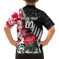 Custom New Zealand and England Rugby Family Matching Short Sleeve Bodycon Dress and Hawaiian Shirt Silver Fern With Red Rose World Cup 2023 LT01 - Polynesian Pride