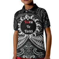 Personalised Toitu Te Tiriti Aotearoa Silver Fern Kid Polo Shirt New Zealand Maori Pattern LT01 Kid Black - Polynesian Pride