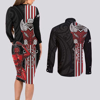 Toitu Te Reo Maori Toitu Te Whenua Toitu Te Tiriti Couples Matching Long Sleeve Bodycon Dress and Long Sleeve Button Shirt Maori Warrior New Zealand