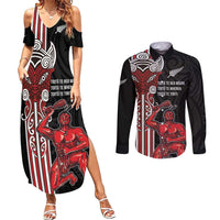 Toitu Te Reo Maori Toitu Te Whenua Toitu Te Tiriti Couples Matching Summer Maxi Dress and Long Sleeve Button Shirt Maori Warrior New Zealand