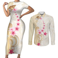 Beige Frangipani Sea Shell Couples Matching Short Sleeve Bodycon Dress and Long Sleeve Button Shirt Starfish Polynesian Pattern - Polynesian Pride