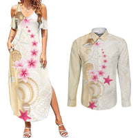 Beige Frangipani Sea Shell Couples Matching Summer Maxi Dress and Long Sleeve Button Shirt Starfish Polynesian Pattern - Polynesian Pride