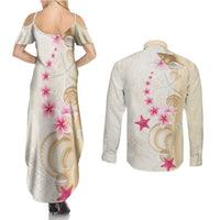 Beige Frangipani Sea Shell Couples Matching Summer Maxi Dress and Long Sleeve Button Shirt Starfish Polynesian Pattern - Polynesian Pride
