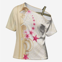 Beige Frangipani Sea Shell Cross Shoulder Shirt Starfish Polynesian Pattern - Polynesian Pride
