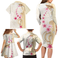 Beige Frangipani Sea Shell Family Matching Long Sleeve Bodycon Dress and Hawaiian Shirt Starfish Polynesian Pattern LT01 - Polynesian Pride