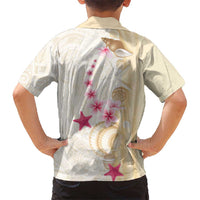 Beige Frangipani Sea Shell Family Matching Off The Shoulder Long Sleeve Dress and Hawaiian Shirt Starfish Polynesian Pattern LT01 - Polynesian Pride