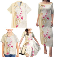 Beige Frangipani Sea Shell Family Matching Puletasi and Hawaiian Shirt Starfish Polynesian Pattern - Polynesian Pride