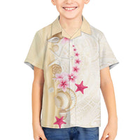 Beige Frangipani Sea Shell Family Matching Short Sleeve Bodycon Dress and Hawaiian Shirt Starfish Polynesian Pattern - Polynesian Pride