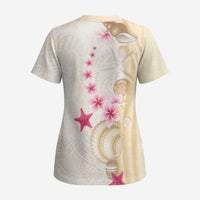 Beige Frangipani Sea Shell Scrub Top Starfish Polynesian Pattern - Polynesian Pride