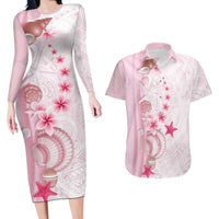 Pink Plumeria Sea Shell Couples Matching Long Sleeve Bodycon Dress and Hawaiian Shirt Starfish Polynesian Pattern LT01 Pink - Polynesian Pride