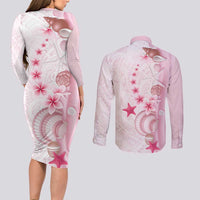 Pink Plumeria Sea Shell Couples Matching Long Sleeve Bodycon Dress and Long Sleeve Button Shirt Starfish Polynesian Pattern - Polynesian Pride