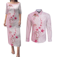 Pink Plumeria Sea Shell Couples Matching Puletasi and Long Sleeve Button Shirt Starfish Polynesian Pattern - Polynesian Pride