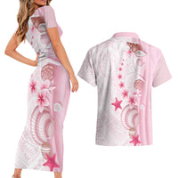 Pink Plumeria Sea Shell Couples Matching Short Sleeve Bodycon Dress and Hawaiian Shirt Starfish Polynesian Pattern LT01 - Polynesian Pride