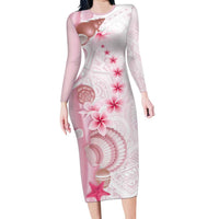 Pink Plumeria Sea Shell Family Matching Long Sleeve Bodycon Dress and Hawaiian Shirt Starfish Polynesian Pattern LT01 Mom's Dress Pink - Polynesian Pride