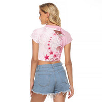 Pink Plumeria Sea Shell Raglan Cropped T Shirt Starfish Polynesian Pattern - Polynesian Pride