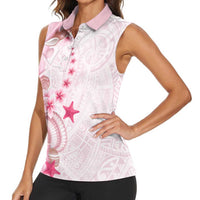 Pink Plumeria Sea Shell Women Sleeveless Polo Shirt Starfish Polynesian Pattern - Polynesian Pride