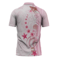 Pink Plumeria Sea Shell Zipper Polo Shirt Starfish Polynesian Pattern - Polynesian Pride