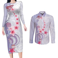Purple Plumeria Sea Shell Couples Matching Long Sleeve Bodycon Dress and Long Sleeve Button Shirt Starfish Polynesian Pattern - Polynesian Pride