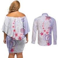 Purple Plumeria Sea Shell Couples Matching Off Shoulder Short Dress and Long Sleeve Button Shirt Starfish Polynesian Pattern - Polynesian Pride