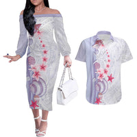 Purple Plumeria Sea Shell Couples Matching Off The Shoulder Long Sleeve Dress and Hawaiian Shirt Starfish Polynesian Pattern LT01 Purple - Polynesian Pride