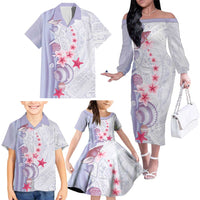 Purple Plumeria Sea Shell Family Matching Off The Shoulder Long Sleeve Dress and Hawaiian Shirt Starfish Polynesian Pattern - Polynesian Pride