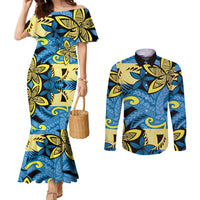 Plumeria Polynesian Pattern Couples Matching Mermaid Dress and Long Sleeve Button Shirt Unique Fantasy Blue Yellow