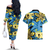 Plumeria Polynesian Pattern Couples Matching Off The Shoulder Long Sleeve Dress and Hawaiian Shirt Unique Fantasy Blue Yellow