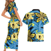 Plumeria Polynesian Pattern Couples Matching Short Sleeve Bodycon Dress and Hawaiian Shirt Unique Fantasy Blue Yellow LT01 - Polynesian Pride