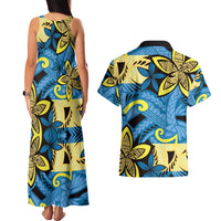 Plumeria Polynesian Pattern Couples Matching Tank Maxi Dress and Hawaiian Shirt Unique Fantasy Blue Yellow LT01 - Polynesian Pride